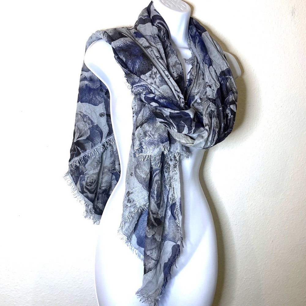 Scarf Blue Floral Rose Micromodal Fringe Wrap Dark Romantic Fairy Whimsigoth